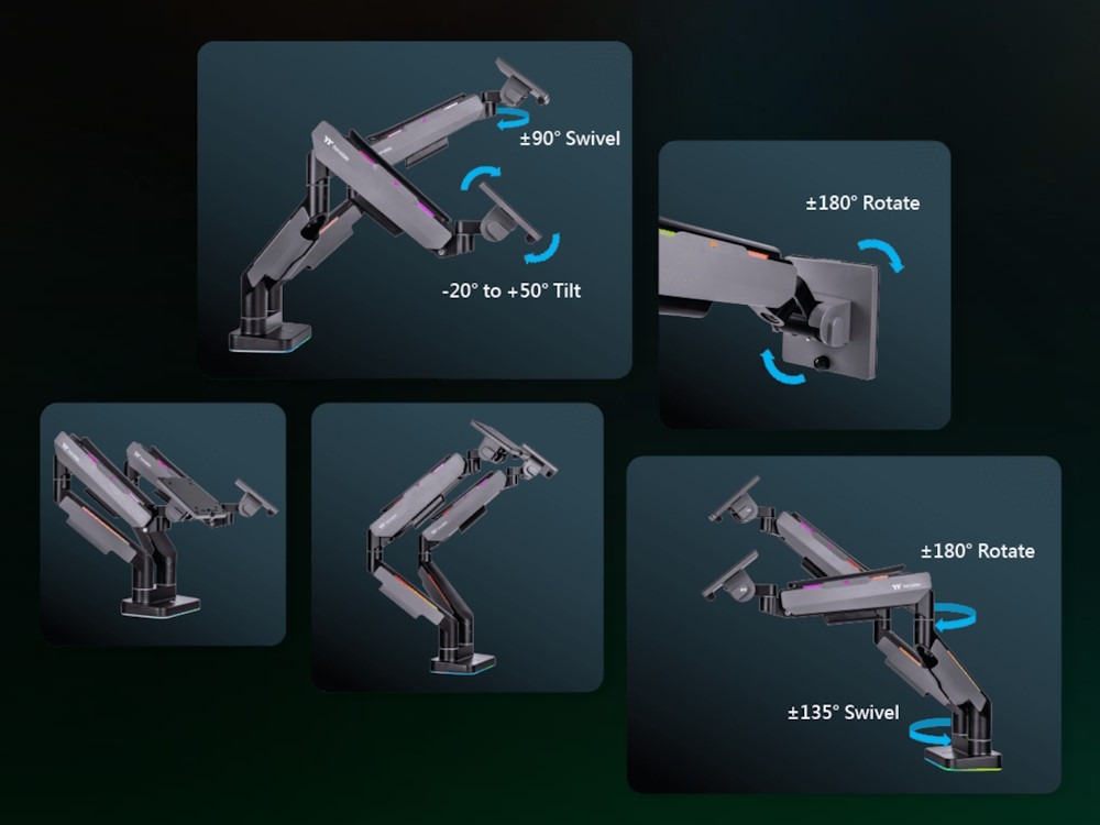 Thermaltake วางจำหน่ายแขนจับจอ มาพร้อมไฟ RGB มีทั้งแบบจอคู่และจอเดี่ยว 3 Thermaltake Monitor Arm Dual adjust
