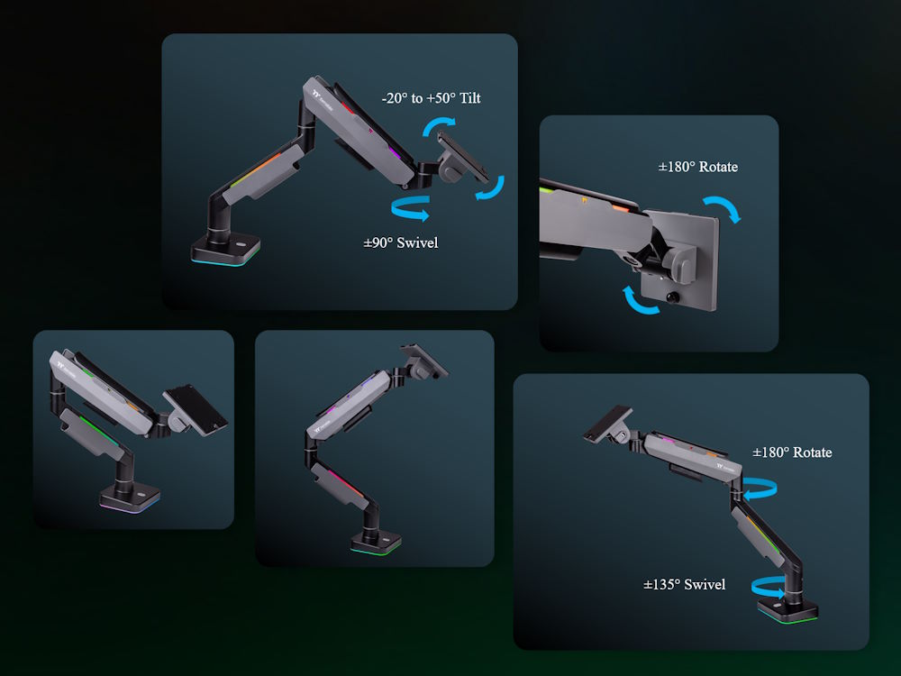 Thermaltake วางจำหน่ายแขนจับจอ มาพร้อมไฟ RGB มีทั้งแบบจอคู่และจอเดี่ยว 10 Thermaltake Monitor Arm Single adjust