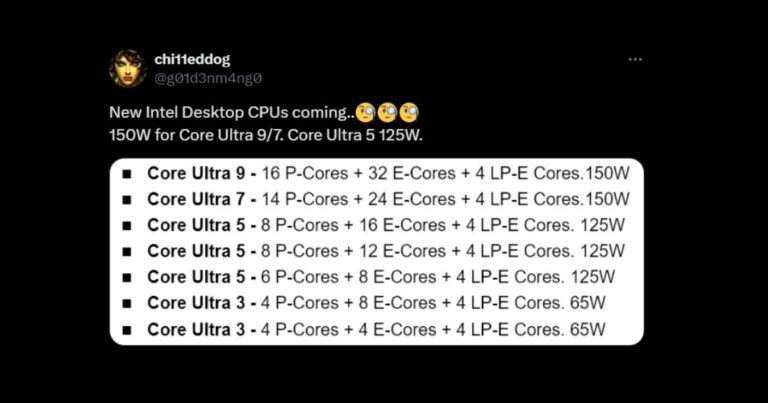 ลือ! สเปคซีพียู Intel Core Ultra รุ่นใหม่! รหัส ‘Nova Lake-S’ สูงสุดถึง 52 คอร์
