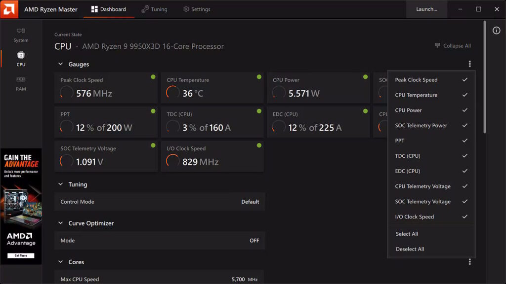 AMD ปล่อย Ryzen Master เวอร์ชัน 3.0.0.4199: ปลดล็อกศักยภาพ Ryzen และ Threadripper PRO อย่างเต็มพิกัด พร้อม UI ใหม่และฟีเจอร์เด็ดเพียบ! 2 Ryzen Master Zen5 system monitoring