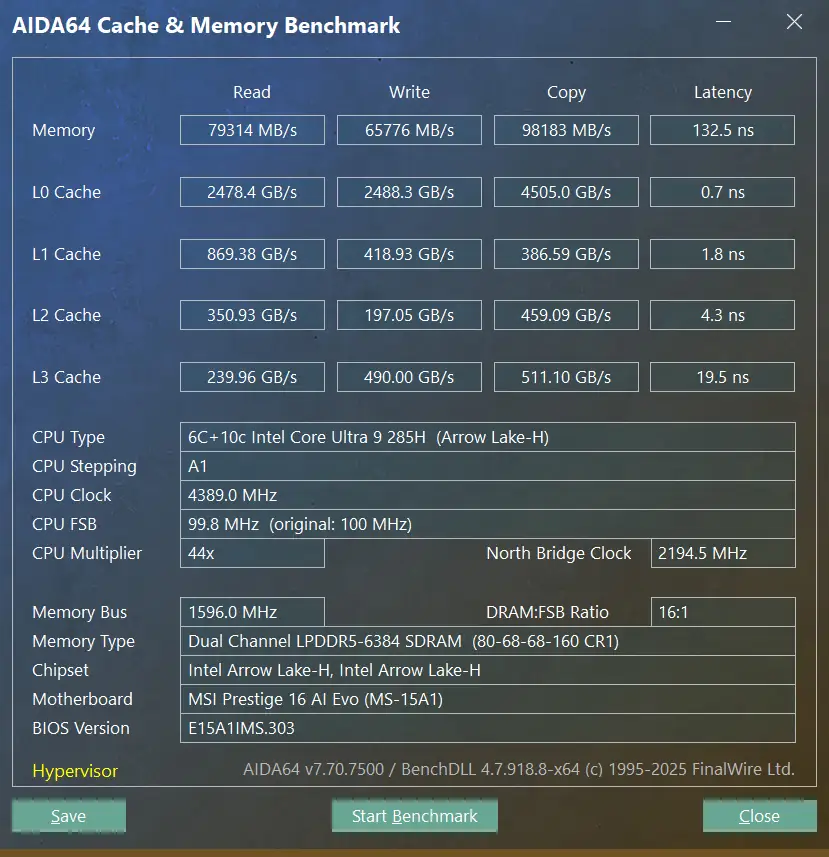 รีวิวซีพียู Intel Core Ultra 9 285H ขุมพลังสุดแกร่งของ MSI Prestige 16 AI Evo B2HMG 11 AIDA64, Cache & Memory benchmark, Intel Core Ultra 9 285H