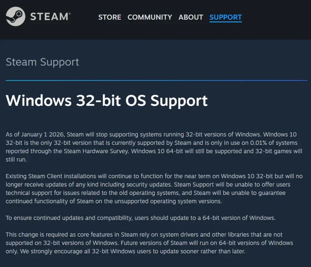 Steam เตรียมยุติการสนับสนุน Windows 32-bit เริ่มต้นปี 2026 2 steam 32bit