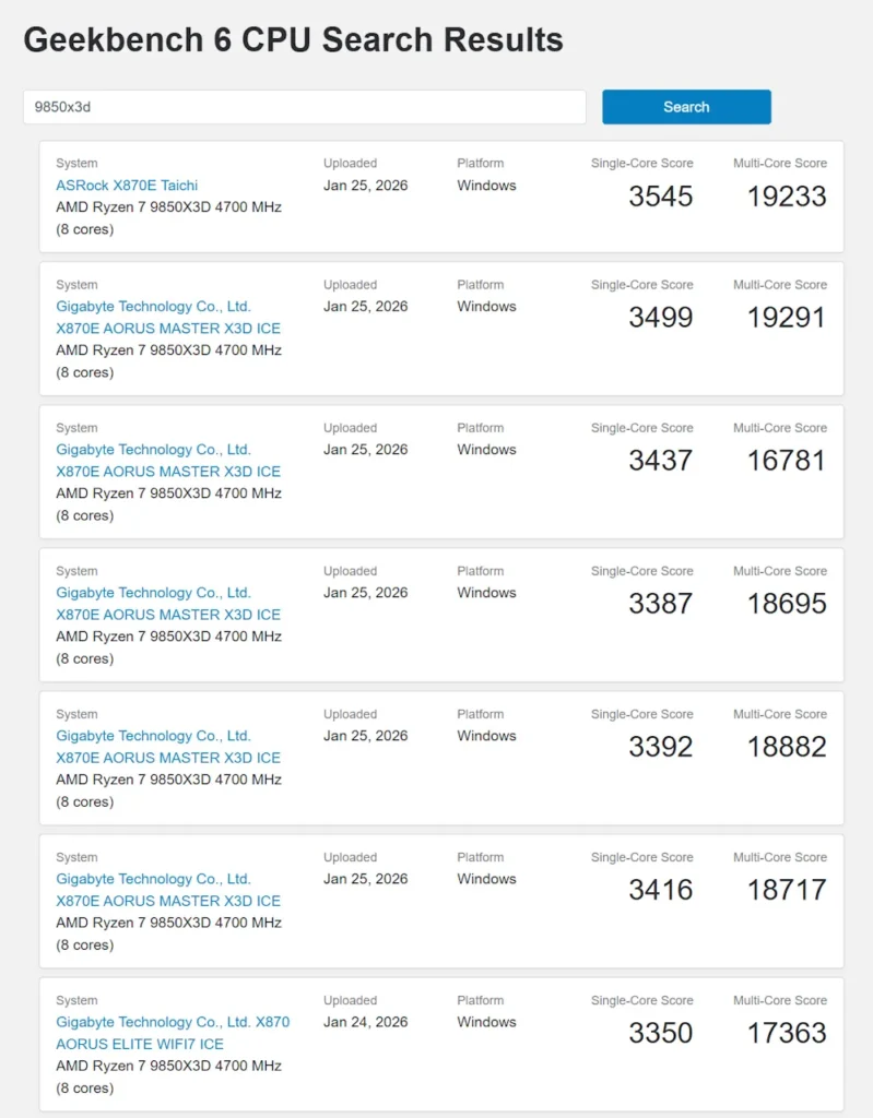 Ryzen 7 9850X3D Geekbench score