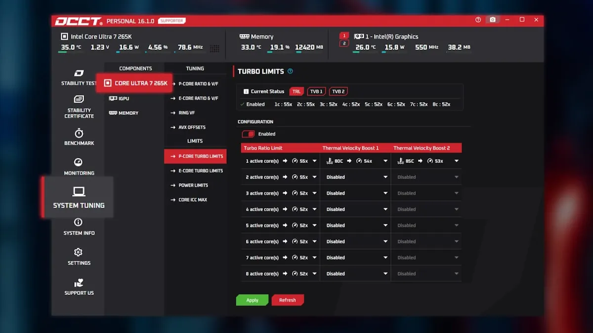 OCCT Intel System Tuning Arrow Lake