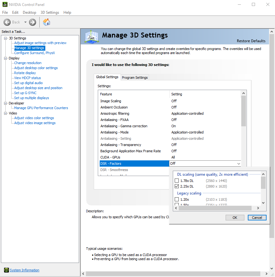 nvidia control panel dldsr configuration