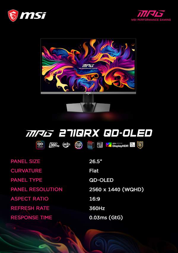MSI เปิดตัว MSI QD-OLED จอพาเนลใหม่ แสดงผลสมจริง สีเข้มล้ำ ดำสุด จัดจ้านทุกเฉดสี เร็วแรงดีถูกใจชาวเกมเมอร์ 5 271QRX A5