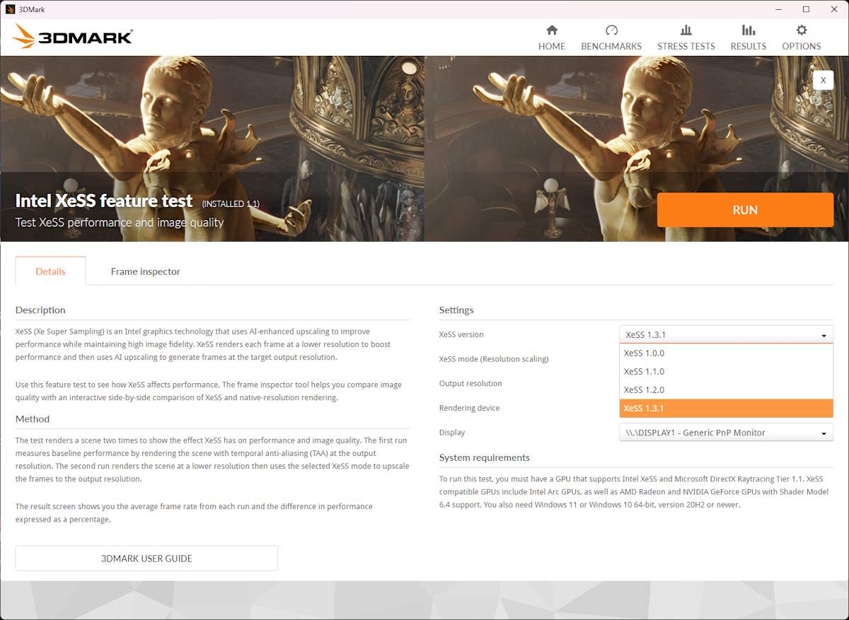 3DMark Intel XeSS 1 3 1 Feature test UI Screenshot high quality