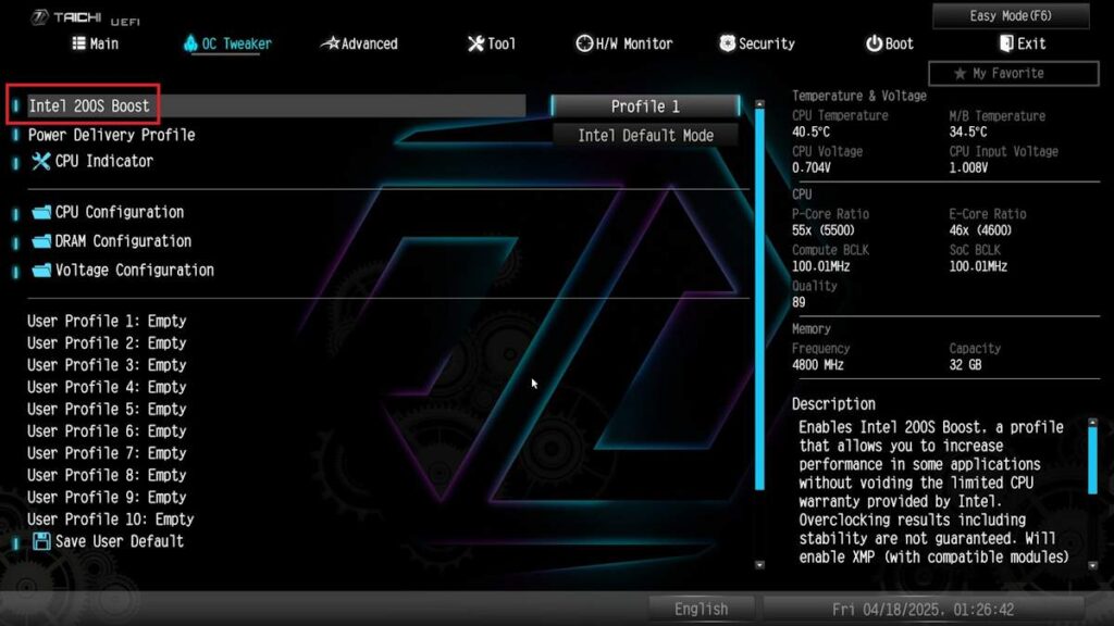 ASRock อัปเดต BIOS สำหรับเมนบอร์ดชิปเซต Z890 เพิ่มการรองรับ Intel 200S Boost โปรไฟล์สำหรับโอเวอร์คล็อกโดยเฉพาะ 2 ASRock BIOS 200S Boost Screen 1