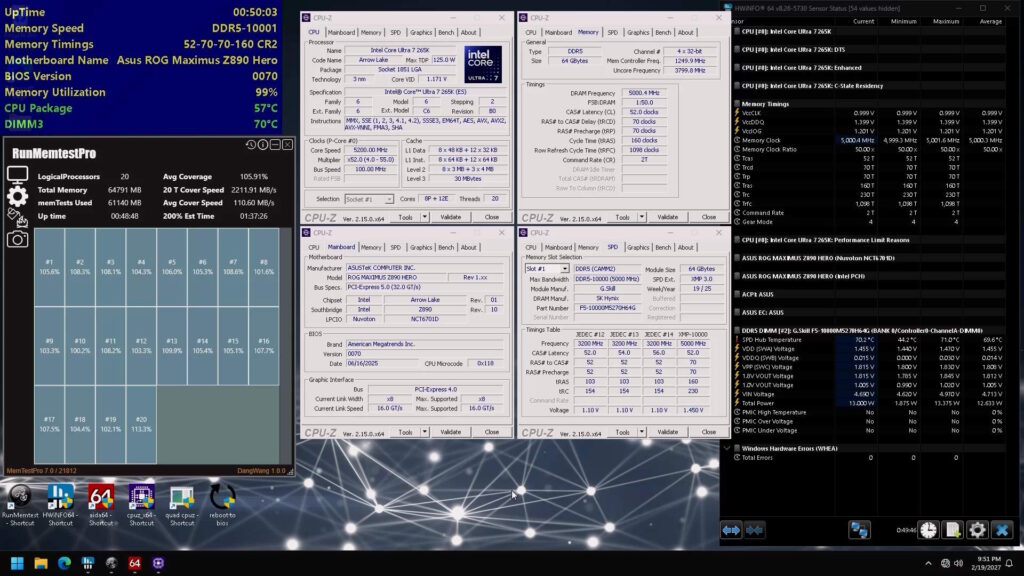 G.SKILL สร้างปรากฏการณ์ใหม่! โอเวอร์คล็อกโมดูลหน่วยความจำ CAMM2 DDR5 ทะลุความเร็ว 10,000MT/s บนเมนบอร์ด ASUS ROG Maximus 3 03 gskill ddr5 camm2 memtest screenshot