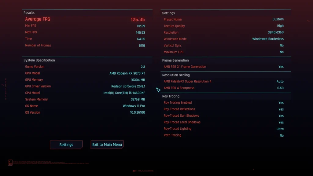 Cyberpunk 2077: Ultra + Ray Tracing, FSR 4, Frame Gen