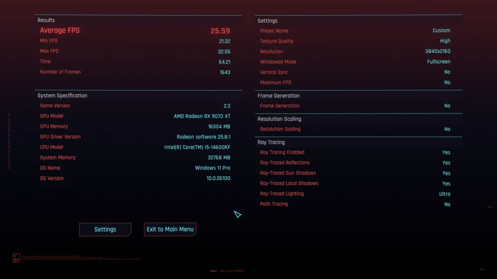 Cyperpunk 2077: Ultra + Ray Tracing, no FSR 4