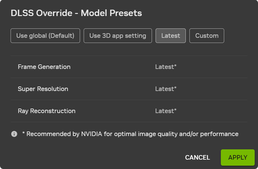 nvidiia app dlss overrides model presets