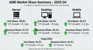 รายงานยอดจัดส่งโปรเซสเซอร์ x86 ไตรมาสที่ 4 ปี 2025 โดย AMD มีรายได้ในตลาดกลุ่มเซิร์ฟเวอร์สูงสุดเป็นประวัติการณ์ถึง 41.3%
