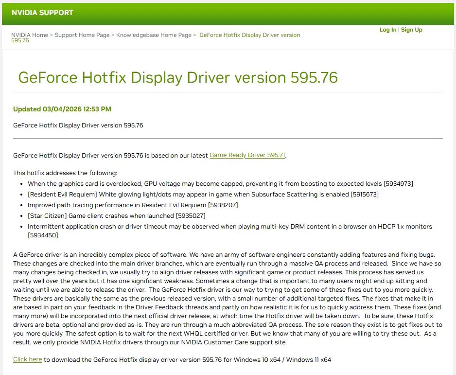 Screen GeForce Hotfix Display Driver version 595.76