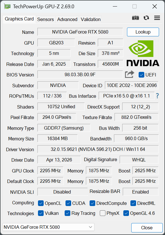 GPU Z GALAX 5080