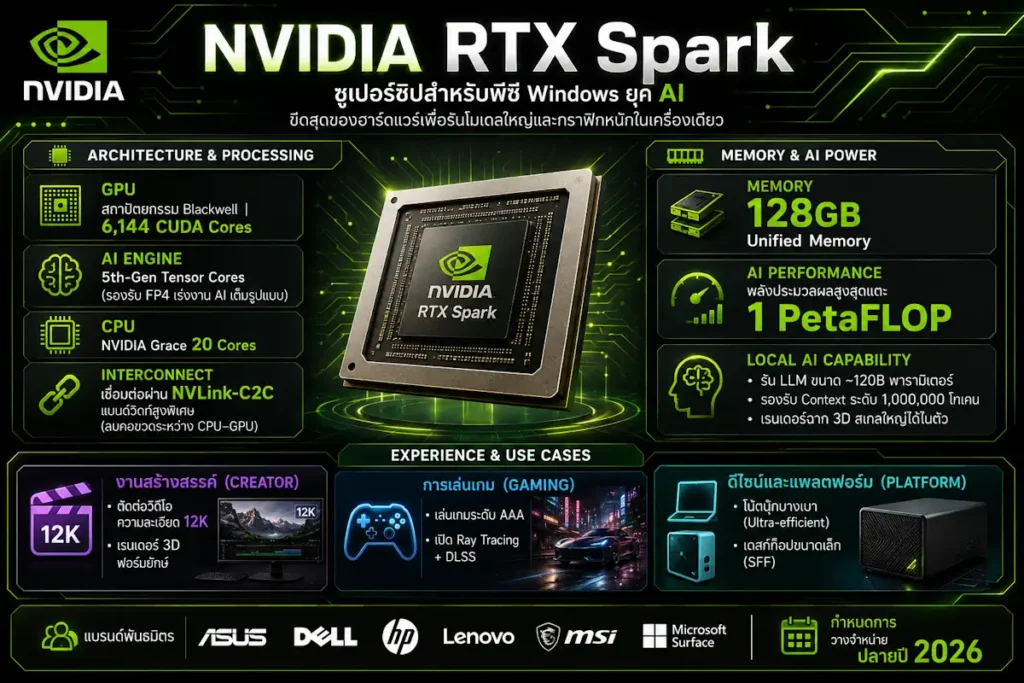 NVIDIA จับมือ Microsoft เปิดตัว “RTX Spark” ซูเปอร์ชิปสำหรับยุค Personal AI Agent ปฏิวัติพีซี Windows ให้กลายเป็นคอมพิวเตอร์ AI ส่วนตัว 2 NVIDIA RTX Spark info
