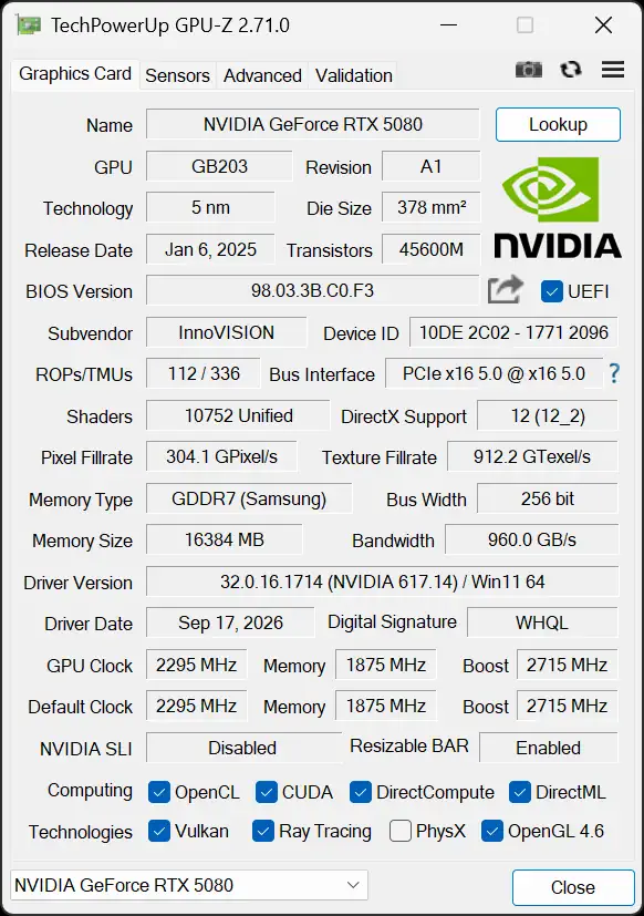 รีวิว INNO3D GeForce RTX 5080 iCHILL X3 ออกแบบมาเพื่อการเล่นเกมที่ยาวนานแบบไม่กลัวร้อน 4 Inno3D RTX 5080 iChill X3 GPUZ